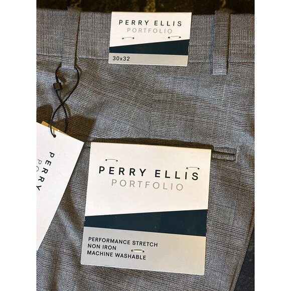 Perry Ellis Men's Slim Fit Stretch Non Iron Dress Pants, Grey Plaid, 30x32, NWT - Picture 2 of 4